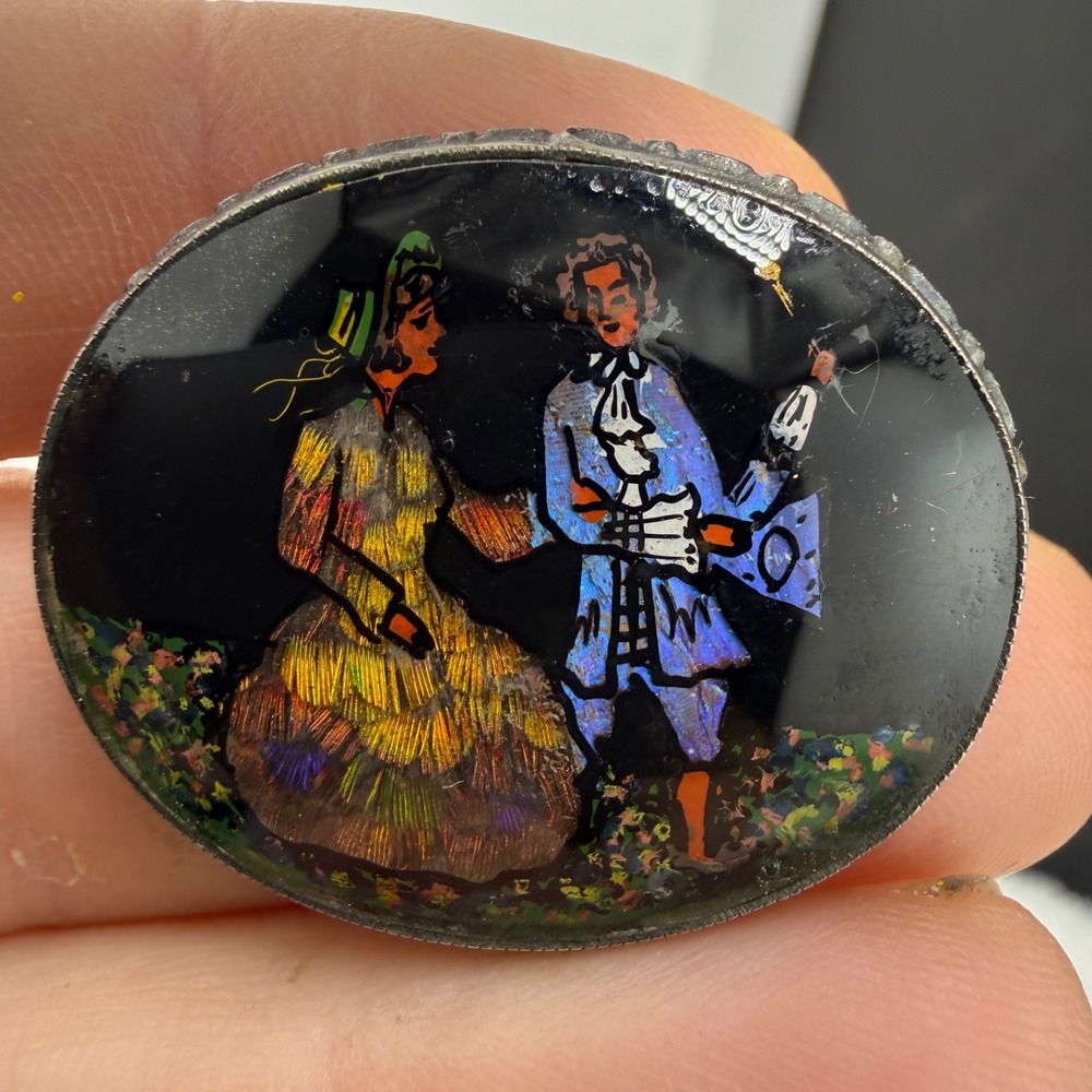 Vintage Art Deco Hand Painted Butterfly Brooch Morpho Glass Courting Couple